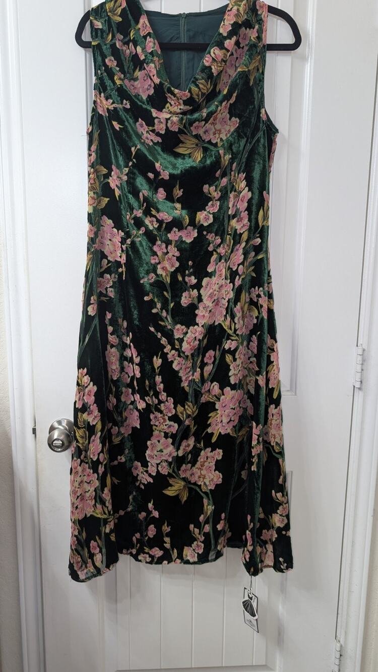 Retro Stage Green Pink Black Floral Chiffon V-Neck Fit & Flare Midi Dress L